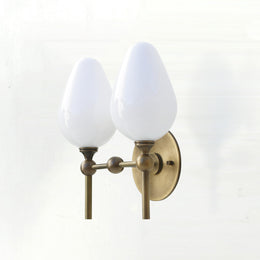 Two-Light Brass Wall Sconce with Upward Opal Tulip Shades