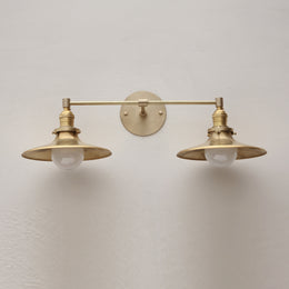 Two-Light Brass Wall Sconce with Wide Saucer Shades