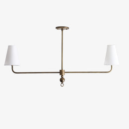 Two-Light Linear Brass Chandelier with Linen Shades
