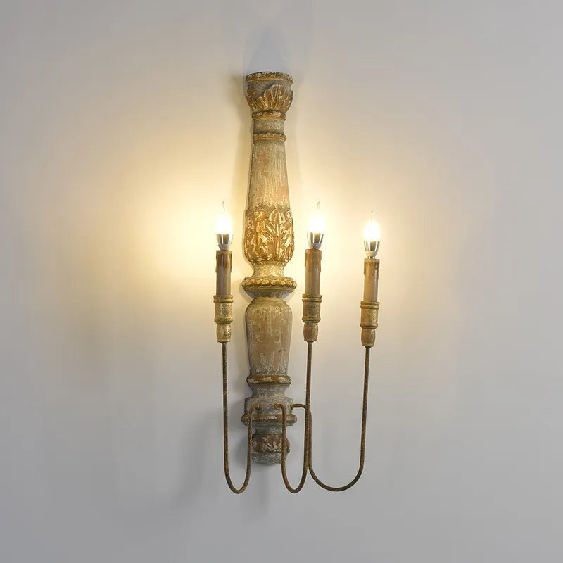 French Vintage Warm White 3-Light Wood Candle Wall Sconces